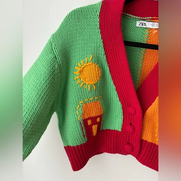 Zara Colorblock Cropped Cardigan Sweater Cottagecore Sun Moon Floral - Picture 6 of 11